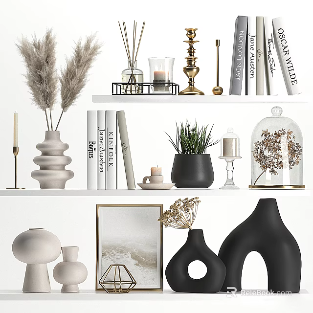 Stylish Modern Decorative Ornament Set With Vases Plants Candles Books And Frames 3d model 