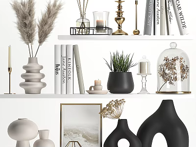 Stylish Modern Decorative Ornament Set With Vases Plants Candles Books And Frames 3d model