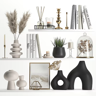 Stylish Modern Decorative Ornament Set With Vases Plants Candles Books And Frames 3d model
