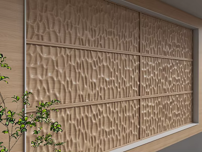 Textured Background Wall With Wavy Wooden Pattern Material And Green Plants 3d model