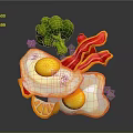Colorful Cartoon Scene of Fried Eggs with Bacon Broccoli and Lemon Slices
