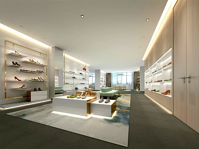 Bright Modern Shoe Store Interior With Display Shelves Central Table And Area Rug 3d model
