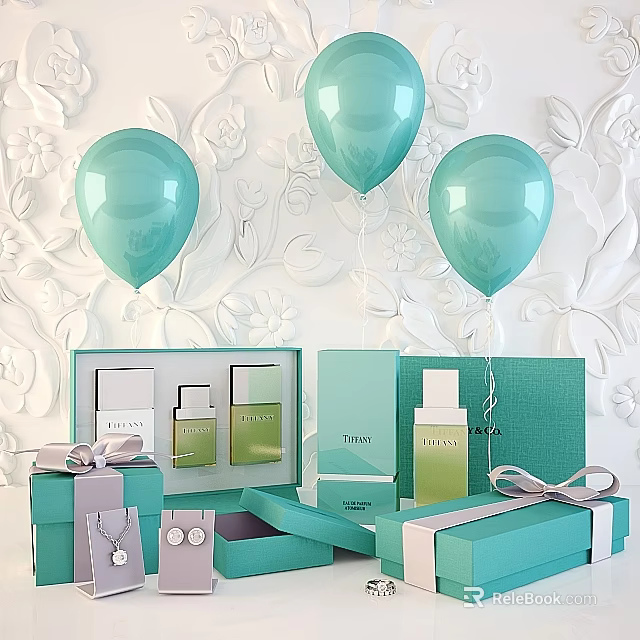 Decorative Perfume Cosmetics Display with Turquoise Balloons Open Gift Boxes and Elegant Packaging 3d model 