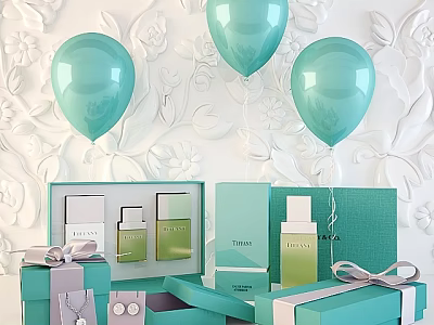 Decorative Perfume Cosmetics Display with Turquoise Balloons Open Gift Boxes and Elegant Packaging 3d model