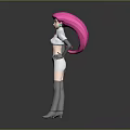 3D Character Model With Pink Hair White Outfit Red R Logo Earrings Gray Gloves Stockings