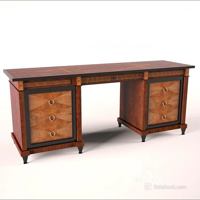 Classic Wooden Desk With Drawers Intricate Wood Inlay And Carved Legs 3d model 
