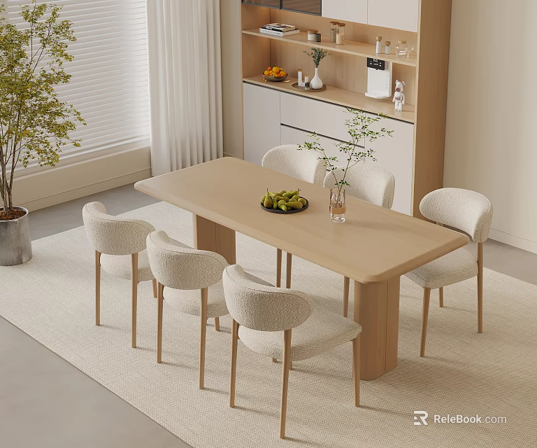 Light Wood Dining Table And Chairs Set With Fruit Bowl Vase And Potted Plant 3d model 