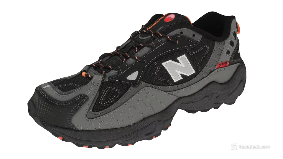 Black and Gray Athletic Shoes With White N Logo Orange Laces And Thick Sole 3d model 