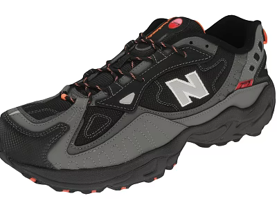 Black and Gray Athletic Shoes With White N Logo Orange Laces And Thick Sole 3d model