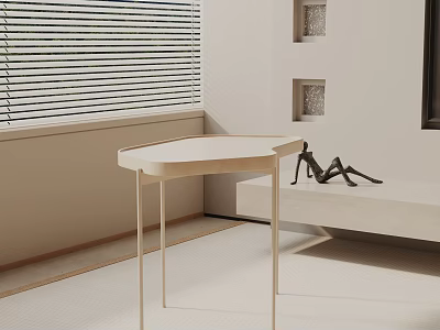 Modern Light Colored Side Table by Window with Blinds and Sculpture in Minimalist Interior 3d model
