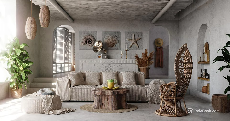 Rustic Living Room Interior With Shell Wall Art Woven Pendant Lights And Wicker Armchair 3d model 