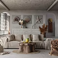 Rustic Living Room Interior With Shell Wall Art Woven Pendant Lights And Wicker Armchair