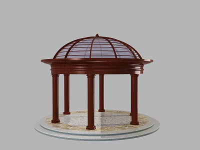Round Architectural Wooden Pavilion With Domed Glass Roof Stone Floor And Columns 3d model
