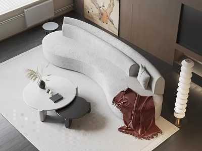 Gray Curved Sectional Sofa With Brown Blanket And Round Coffee Table On Area Rug 3d model
