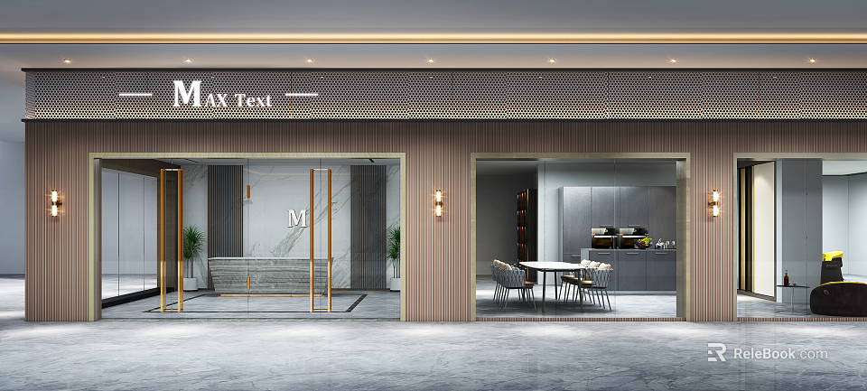 Modern Storefront With Metal Mesh Lighting And Gold Framed Glass Doors 3d model 