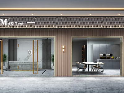 Modern Storefront With Metal Mesh Lighting And Gold Framed Glass Doors 3d model