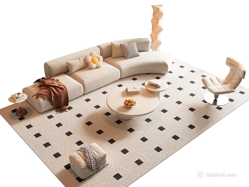 Beige Curved Sofa Set with Cushions Round Coffee Table Floor Lamp and Checkered Rug 3d model 
