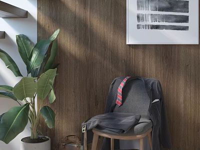 Comfortable Single Sofa With Gray Coat Striped Tie Against Wooden Wall And Green Plant 3d model