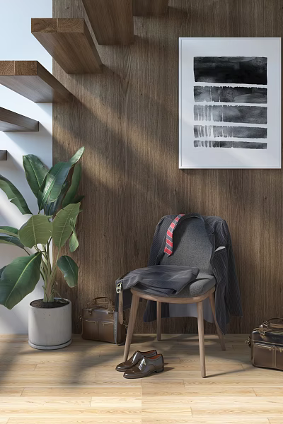 Comfortable Single Sofa With Gray Coat Striped Tie Against Wooden Wall And Green Plant 3d model