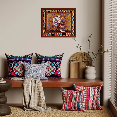 Colorful Decorative Pillows On Wooden Shelf With Woven Fan Art And White Vase 3d model