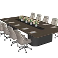 Modern Conference Room With Large Wooden Table Beige Wheeled Chairs And White Flowers