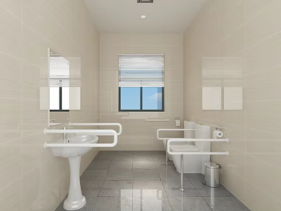 Accessible Restroom Interior With Grab Bars Sink Toilet And Tiled Walls 3d model