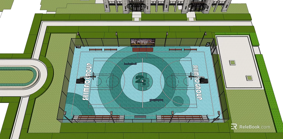 Outdoor Basketball Court With Blue Flooring Fence Lighting And Logo Design 3d model 