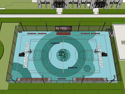 Outdoor Basketball Court With Blue Flooring Fence Lighting And Logo Design 3d model