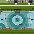 Outdoor Basketball Court With Blue Flooring Fence Lighting And Logo Design