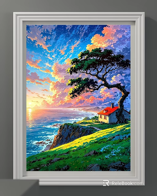 Scenic Coastal Landscape With Sunset Ocean Cliff Red Roof House And Leaning Pine Tree 3d model 