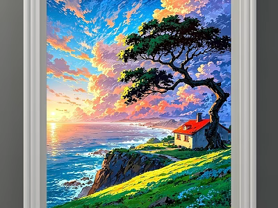 Scenic Coastal Landscape With Sunset Ocean Cliff Red Roof House And Leaning Pine Tree 3d model