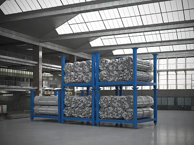 Industrial Equipment Heavy Duty Storage Racks with Blue Frames Holding Metal Coils in Factory 3d model