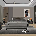 Modern Bedroom Interior Design With Gray Bed Bench Floor To Ceiling Windows And Decorative Painting