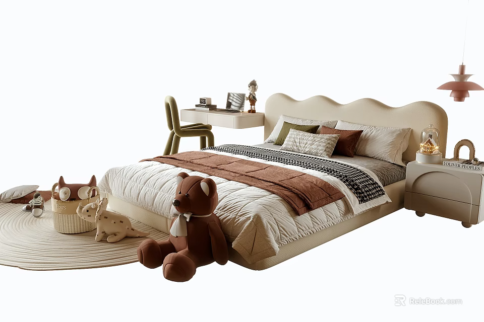 Kids Bed Design With Teddy Bear Bedding Pillow Toy And Rug Decorations 3d model 