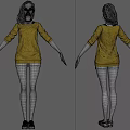 Game Movie Female Character Wearing Yellow Top Blue Shorts White Shoes Three Angles Orange Background
