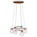 Modern Chandelier with Circular Ceiling Base Wooden Crossbar and Transparent Glass Globe Bulbs