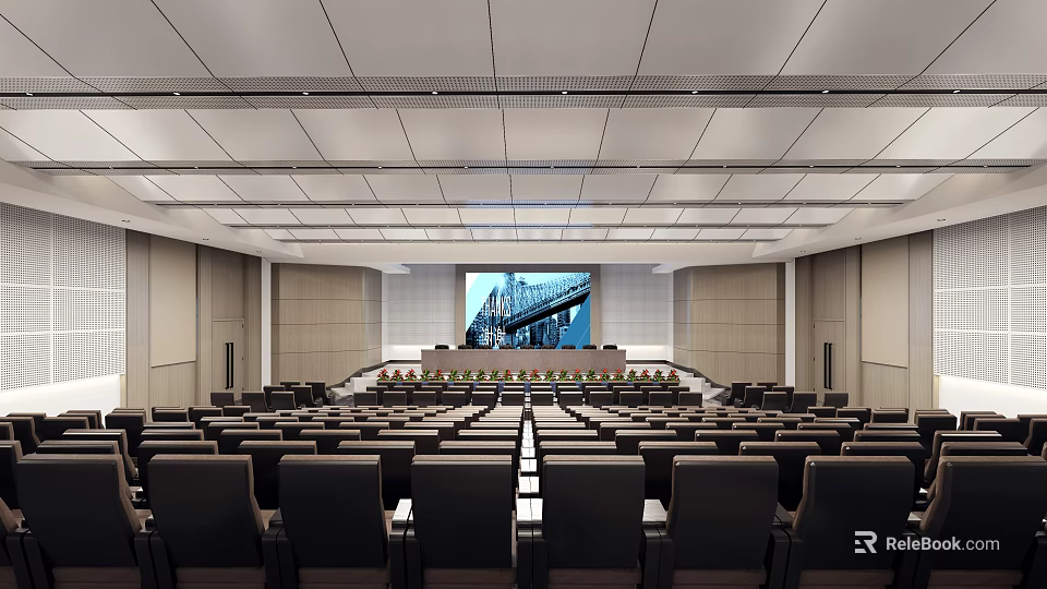 Spacious Modern Conference Room Interior With Large Screen And Seating Arrangement 3d model 