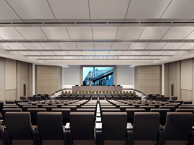 Spacious Modern Conference Room Interior With Large Screen And Seating Arrangement 3d model
