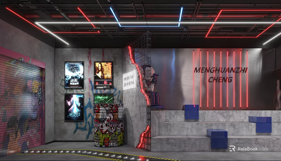 Industrial Style Bar Interior With Neon Lights Graffiti Posters And Metal Staircase 3d model 