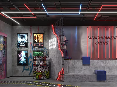 Industrial Style Bar Interior With Neon Lights Graffiti Posters And Metal Staircase 3d model