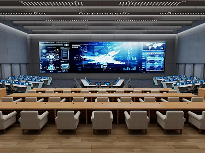 Advanced Monitoring Room With Large Digital Screen Data Visualization And Computer Workstations 3d model