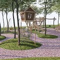 Kids Play Area With Tree House Climbing Frames Swings And Wooden Circular Steps