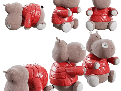 Hippo Stuffed Toys In Red Padded Jackets Display Various Adorable Poses For Kids 3d model