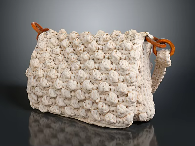 Cream Colored Crocheted Handbag With Textured Surface And Brown Leather Handles 3d model