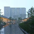 Scenic Landscape with Modern Tall Buildings Garden Water Pond Green Plants and Pavilions