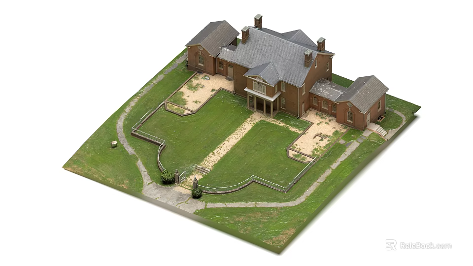 Classic Style Detached House With Gray Roof Chimneys Lawn And Driveway Pathway 3d model 