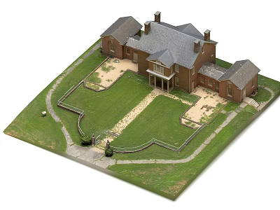 Classic Style Detached House With Gray Roof Chimneys Lawn And Driveway Pathway 3d model