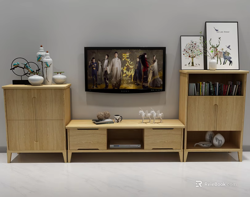 Wooden TV Stand with Side Cabinets Bookshelf and Decorative Deer Figurines TV 3d model 