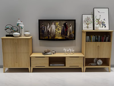 Wooden TV Stand with Side Cabinets Bookshelf and Decorative Deer Figurines TV 3d model