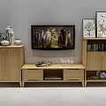 Wooden TV Stand with Side Cabinets Bookshelf and Decorative Deer Figurines TV